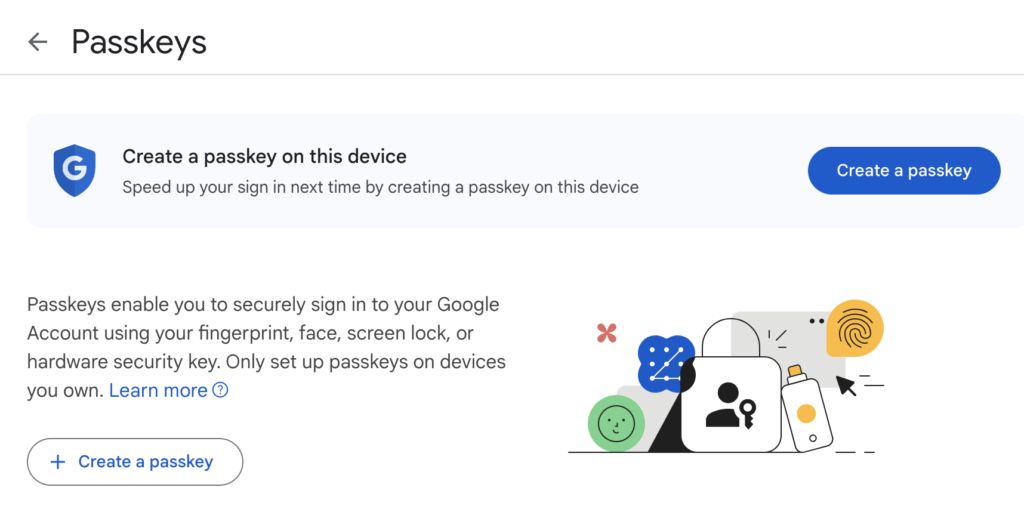 Google Passkeys page for a Google account.